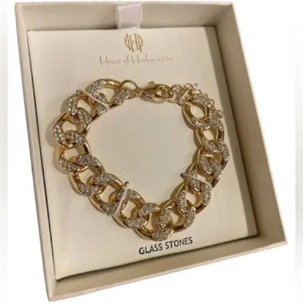 NEW House of Harlow 1960 Pave Glass Stones Crystal & Gold Link Chain Bracelet - Picture 6 of 6